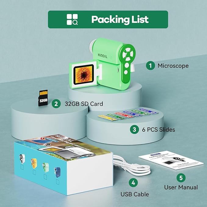 HP20 IPS Microscope for Kids: [3-in-1] [Easy and Fun] 2" Portable Handheld Microscope Miniscope, Pocket Mini Scope Educational Science Kit, Christmas Birthday Gifts for Kids, 32GB, Green