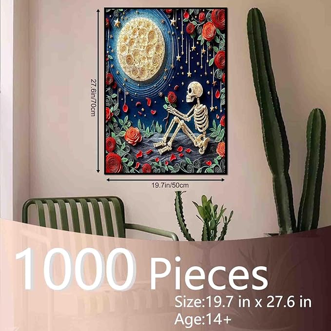 Tucocoo Romantic Skeleton Jigsaw Puzzle for Adults 1000 Piece, Skull with Rose Full Moon Puzzles, Relaxing Floral Night Scene Challenging Puzzle for Family Game Night Stress Relief Home Decor Gift