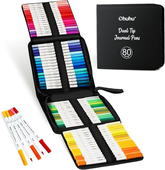Ohuhu Markers for Adults Coloring Books No Bleeding 80 Colors Coloring Markers Pens for Journaling Water-Based Dual Tips Extra Fine & Brush Drawing Pens for Calligraphy Lettering Card-making
