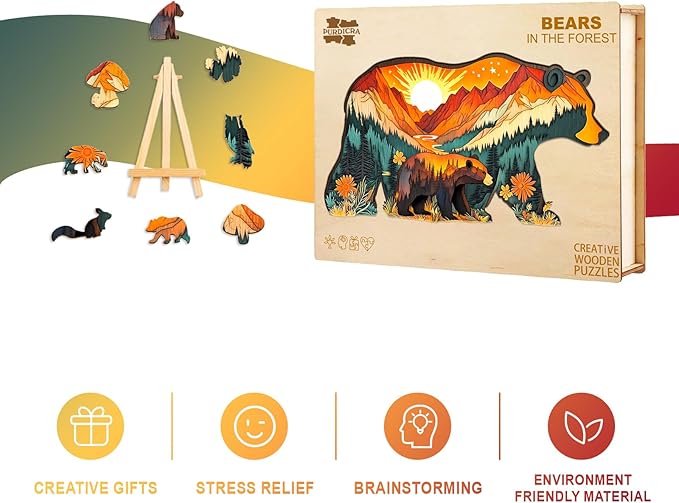 Wooden Puzzles for Adults - Bears in The Forest Wooden Jigsaw Puzzle, Unique Animal Shaped Wood Puzzles Adult, Christmas Birthday Gifts for Friends/Family, Home Decor 13.1 * 7in 160pcs