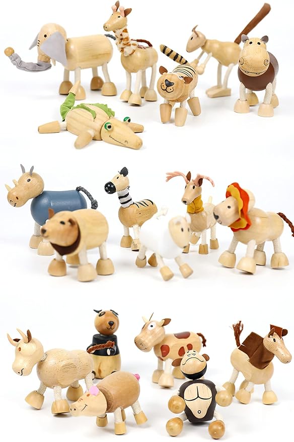 14 Pack Bendable Wooden Animal Toys, Smooth Natural Wood Zoo Farm Jungle Safari Animals Figures, Preschool Learning & Education Toys for Toddlers Kids