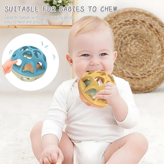 Sensory Rattle Balls Textured, Baby Teething Sensory Montessori Toys Soft Chew Toy with Rattles for Babies, Safe Wheat Straw Travle Toys, Developmental Newborn Baby Toys 6 to 12 Months