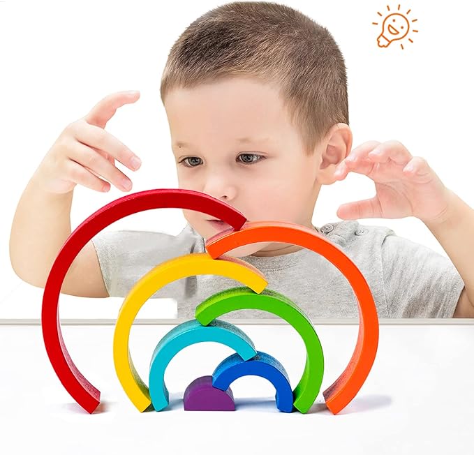 Wooden Rainbow Stacking Toy, Wood Stacker Arch Game, Montessori Arch Bridge Rainbow Building Blocks, Colorful Stacking Blocks Puzzles for Kids 2 3 4 5 Years Old, Rainbow Decor Toys