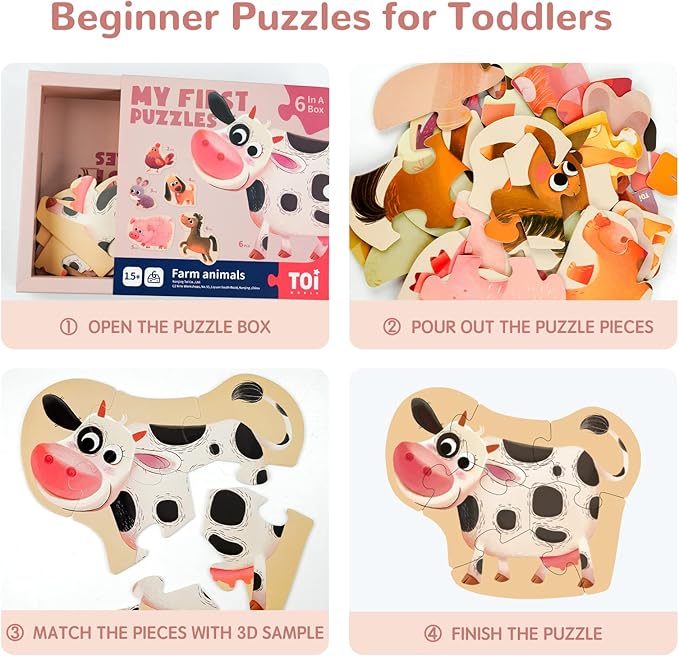 Toi 6 Packs Large Piece Toddler Jigsaw Puzzles for Kids Aged 2.5+, Animal Shaped Floor Puzzles for Beginner, Preschool Learning Game for Boys Girls, Farm Animals