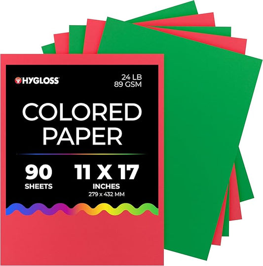 Hygloss 90 Sheets Holiday Christmas Colored Paper - 11x17-Inch Red and Green Letter Size Color Copy Paper - 24 lb/ 89 GSM, Acid-Free, Fade-Resistant