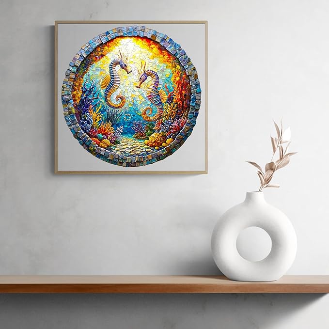 KAAYEE Wooden Puzzles for Adults, 3D Visual Effect Seahorses Wooden Jigsaw Puzzle Unique Shape Wood Puzzle Adult, Birthday Gifts for Puzzle Lovers Family Games (M-11.4 * 11.3in-200pcs)