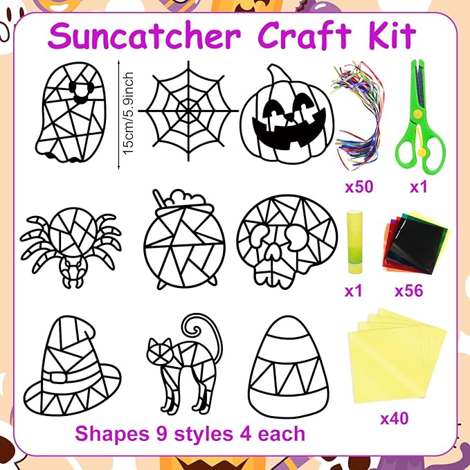 EggSun 36 Sets Halloween Suncatchers Craft Kit Ornaments Stained Glass Window Arts and Crafts Kit for Classroom Holiday Projects Home Halloween Party Favors Decorations Ages 4 8 12