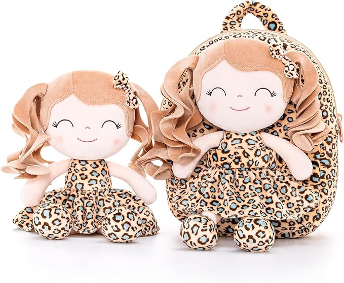 Gloveleya Toddler Backpack Baby Girl Gifts Curly Hair Plush Figures Dress Backpack Kids Backpack Curly Hair Spring Girl - White Leopard 9inches
