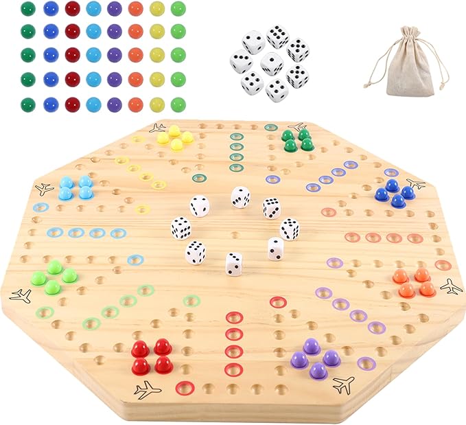 HOROW Wahoo Board Game Wooden Original Board Game Classic 2 Side Painted Fast Track Game for 6 Player and 8 Player with 32 Marbles,8 Dices for Family Game Night(8-Player,Log)