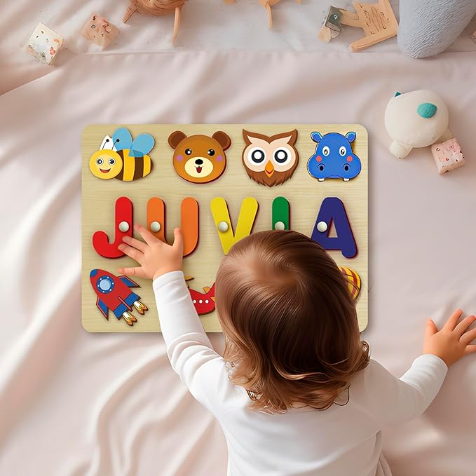 Custom Name Puzzles for Toddlers 1-3 - Name Puzzle for Kids, Personalized Wooden Animal Puzzle, Baby Gifts, Baby Shower, Christmas, Newbaby Gift, Gifts for 1 2 3 Years Old (Animals-03)