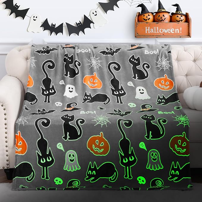 Halloween Glow in The Dark Blanket Gifts Toy for Boys Girls Daughter Son Glowing Black Cat Pumpkin Ghost Bat Witch Hat Spooky Soft Cozy Throw Party Favors Present for Kids Adult Sofa Bed Decor 50"x60"