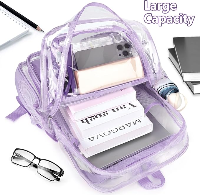 Purple Clear Backpack, Heavy Duty PVC Clear Bag for Stadium Events, Transparent Backpack with Reinforced Straps & Stitches for Girls Boys, Large Capacity Bookbag for School, Travel, College, Work