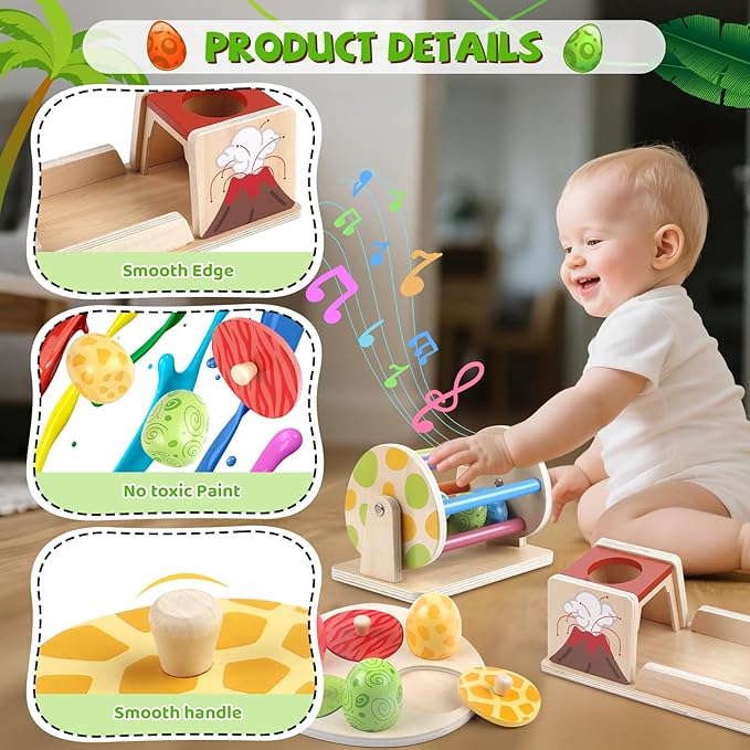 Montessori Wooden Baby Toy Dinosaur Egg Toy Set for 6+ Months, Spinning Drum, Object Permanence Box Ball Drop Toy, Stacking Matching Shape Puzzle Game Early Learning Gift for Toddlers (Neutral Colors)