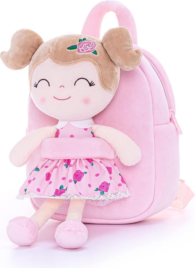 Gloveleya Toddler Backpack Baby Girl Gift Plush Bag Diaper Bag Plush Printed Flower Roses Backpack 9 Inches