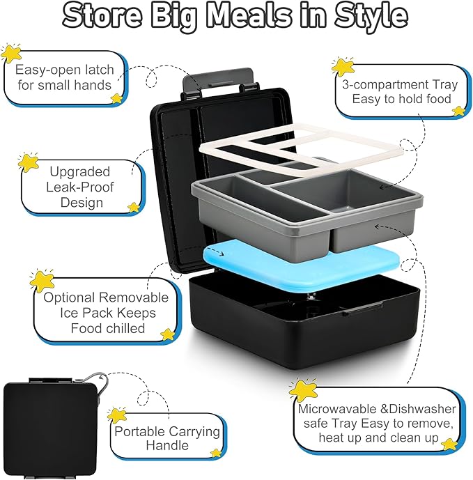 Bento Lunch Box for Kids with 17oz Soup Thermo,Insulated Tumbler Water Bottle and Insulated Lunch Bag,Leak-Proof 3 Compartment Lunch Food Container with with Ice Pack for Kids to School-Black