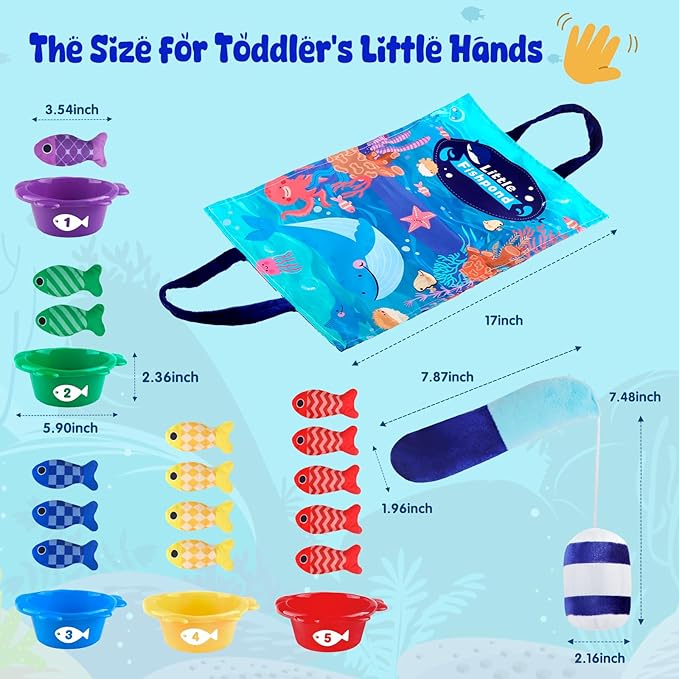Montessori Fishing Game for Toddlers 1-3, Cloth Fishing Toys for Toddlers with Stacking Cups Educational Learning Toys - Number Counting, Color Sorting, Baby Sensory Toy for 6-12 Months, Baby Gifts