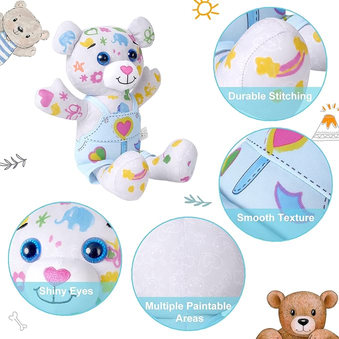Coloring Plush Toy with 5 Washable Markers for Little Girls Doodle Dolls for Kids Ages 4-6 Birthday (Blue Bear)