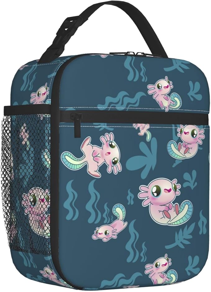 Cute Axolotl Print Reusable Lunch Box Food Bag Insulated Lunch Bag for Teenage Boys Girls School Beach