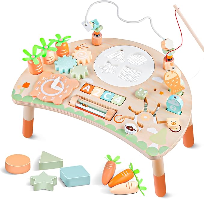 Activity Table for 1+ Year Old, 9-in-1 Montessori Wooden Sensory Play Table with Shape Sorter Fishing Game Bead Maze, Baby Activity Center Learning Toys for Toddler 12-18 Months