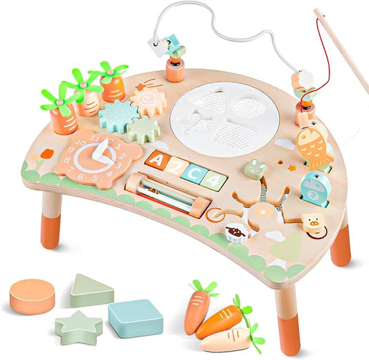 Activity Table for 1+ Year Old, 9-in-1 Montessori Wooden Sensory Play Table with Shape Sorter Fishing Game Bead Maze, Baby Activity Center Learning Toys for Toddler 12-18 Months