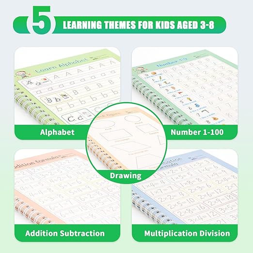 Magic Groove Practice Copybook for Kids, Reusable Writing Practice Book, Grooved Handwriting Book Set for Kids Ages 3-8 Calligraphy 5.59 * 7.91 (5 Medium Books with Cactus Pens & Gift Box)