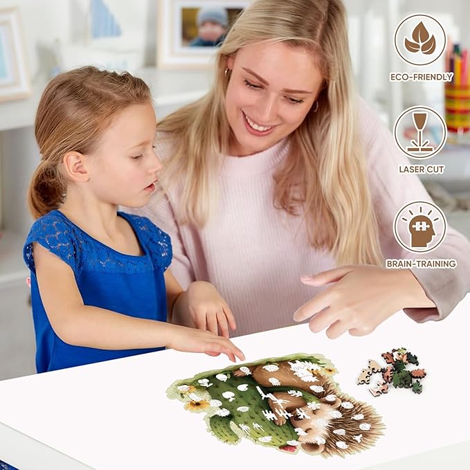 Ruikiyart Wooden Puzzles for Adults, 5MM 200 Pieces Hedgehog Cactus Wooden Jigsaw Puzzles, Unique Shapes Succulent Puzzle Gift for Kids and Adults on Birthday, Thanksgiving, Christmas (11.1"x11.2")