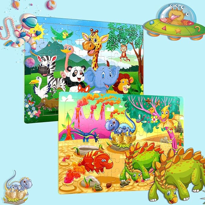 Puzzles for Kids Ages 4-8, 4 Pack Wooden Jigsaw Puzzles 60 Pieces Animal Dinosaur Puzzle Preschool Educational Learning Toys Set for Boys and Girls