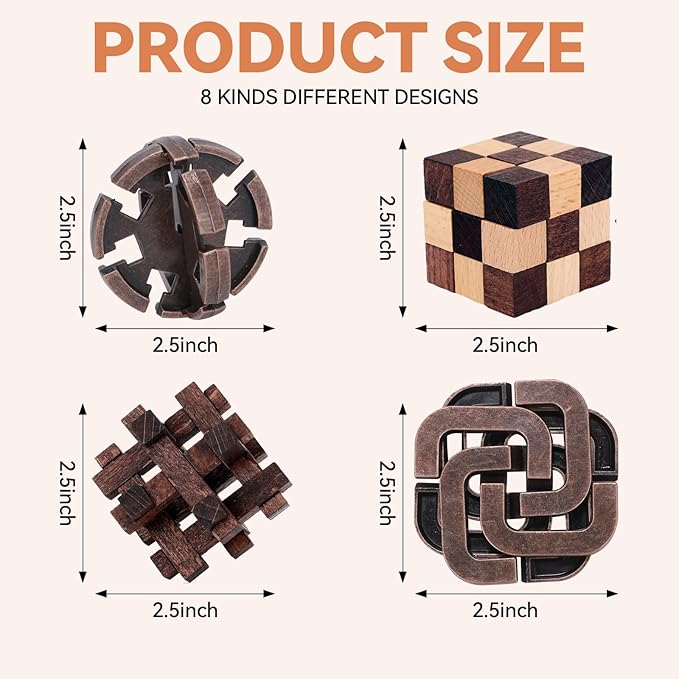 8 Pcs Brain Teaser Puzzles for Adults Teens - Wooden Puzzles 3D Puzzle Game Toys for Adults Teens - Metal Unlock Interlocking Puzzle Adult IQ Education Smart Toys