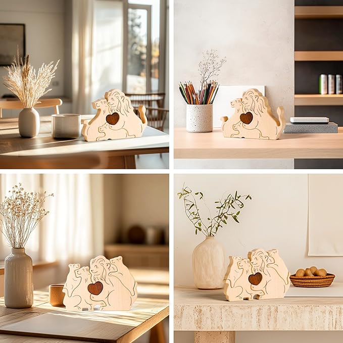 Wooden Lion Family Puzzle Games, Personalized 3 Name Puzzle for Home Crafts Decor, House Warming Birthday Party Gifts for Mom Dad Grandma Kids New Baby, Wooden Bear Family