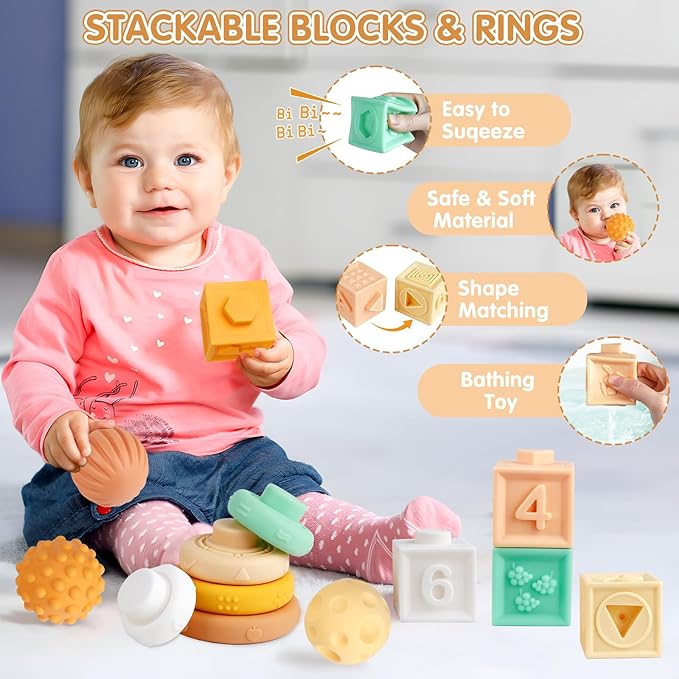 Montessori Toys for 6 Month Old 1+ Year Old 6 in 1 Musical Instruments for Toddler Stacking Blocks Rings Development Learning Educational Toy with Wooden Xylophone for 6 7 8 9 Months 1 Year Old Baby