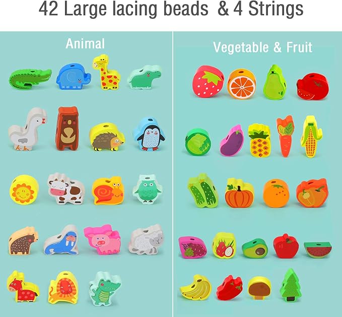 Montessori Educational Wooden Lacing Beads Toys for Toddler 3 4 5 Year Old, Farm Animals Fruits Vegetables Threading Toys Preschool Stringing Fine Motor Skills Toy for Boys Girls [with 3D Stickers]