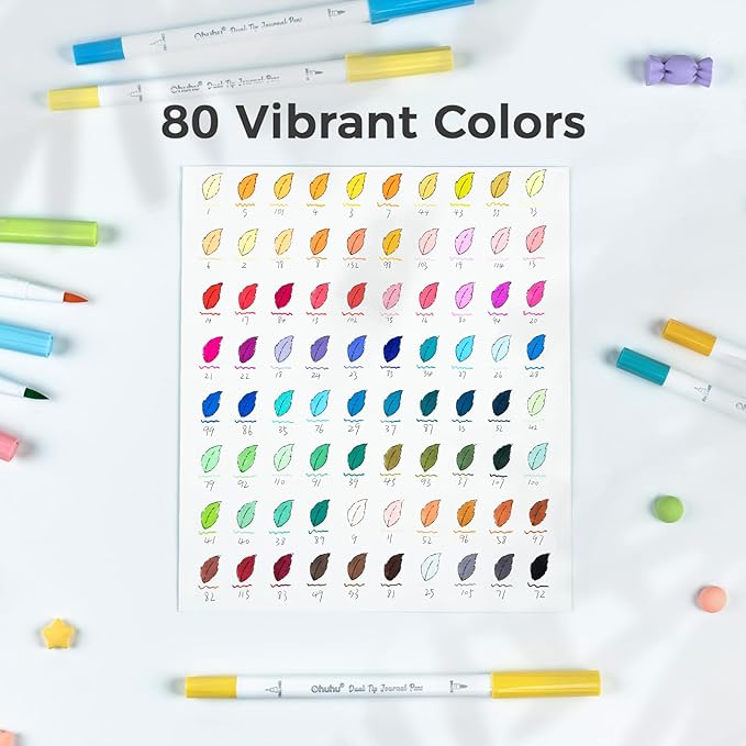 Ohuhu Markers for Adults Coloring Books No Bleeding 80 Colors Coloring Markers Pens for Journaling Water-Based Dual Tips Extra Fine & Brush Drawing Pens for Calligraphy Lettering Card-making