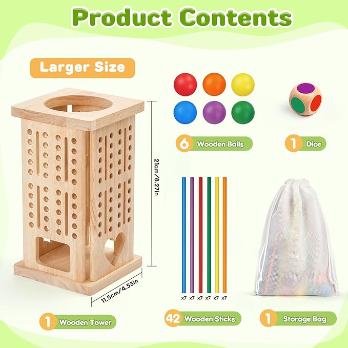 Montessori Wooden Board Games, 42 Colorful Sticks Math Learning Toys for 3 4 5 6 Year Olds, Board Games for Kids 4-6, Fine Motor Skills Toy Family Travel Game, Gifts for Boys Girls 3 Year Old