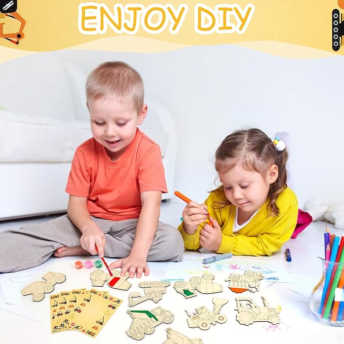 LARDUX Construction Party Favors, 24PCS DIY Wooden Arts & Crafts Painting Kit for Kids , Glow in The Dark Party Favors Family Crafts Birthday Party Christmas Gifts Toys for Boys Girls