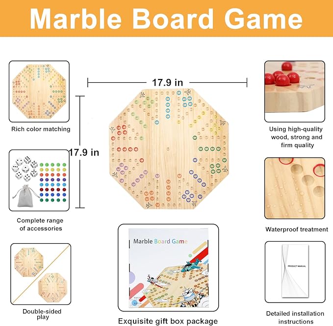 HOROW Wahoo Board Game Wooden Original Board Game Classic 2 Side Painted Fast Track Game for 6 Player and 8 Player with 32 Marbles,8 Dices for Family Game Night(8-Player,Log)