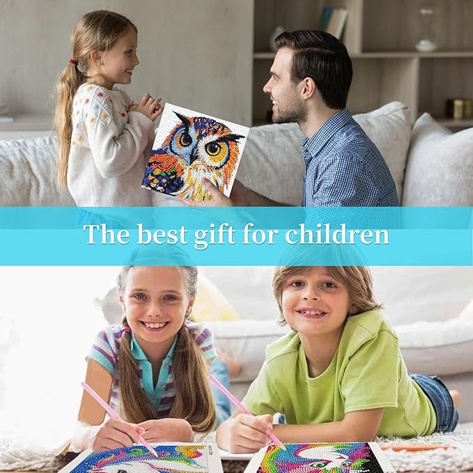 Libfx Diamond Art Kits for Kids 4 PCS Diamond Art for Girls Boys Beginners Arts and Crafts for Kids Ages 8-12 (Tiger Leopard owl Dog)