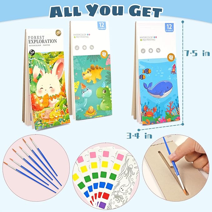 Vileafy 3-Pack Water Coloring Books for Kids Ages 4-8, Ocean, Animals, Dinosaur Travel Watercolor Painting Book with 6 Brushes for Airplane, Camping, Restaurant Activities, and Goodie Bag Stuffers