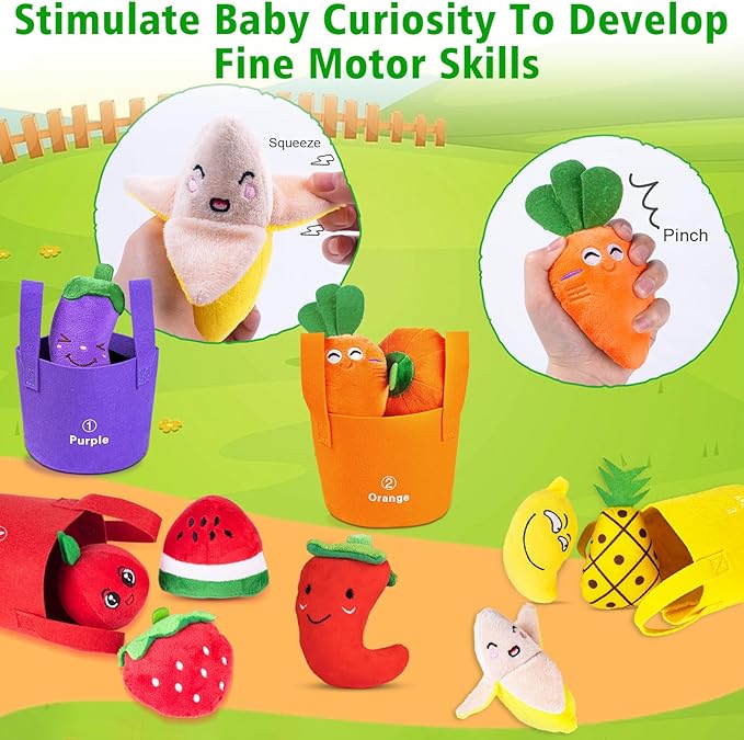 Baby Sensory Toys for 6-12 Months, Montessori Toys for 1 Year Old Boy Girl, Color Sorting & Counting, Soft Fruit Vegetable Play Food with Rattle Crinkle, Toddler Learning Toy for First Birthday Gift