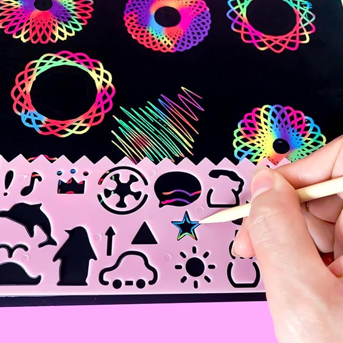 Cityrosy 32 pcs Drawing Stencils,Rainbow Scratch Paper for Stencils, Kids Activity Kit,Suitable for Classroom,Birthday,Party