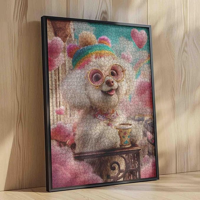 Cute Bichon Frise Wearing Glasses Jigsaw Puzzles for Adults 1000 Pieces,Balcony Animal Drink Coffee Jigsaw Puzzle Art 20 X 27 in DIY Puzzles for Home Decoration Family Puzzle Perfect for Game Nights