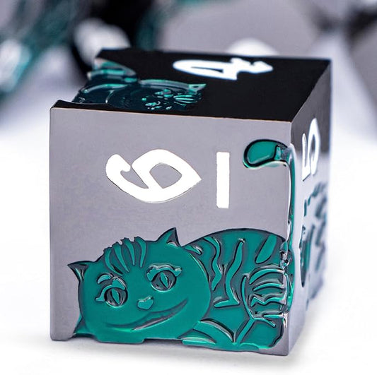 Metal DND Cat Dice 7PCS Polyhedral RPG Dice Set with Gift Case for Dungeons Dragons Role Playing Game, D and D Dice D6 D8 D10 D12 D20 D% (Green Black)