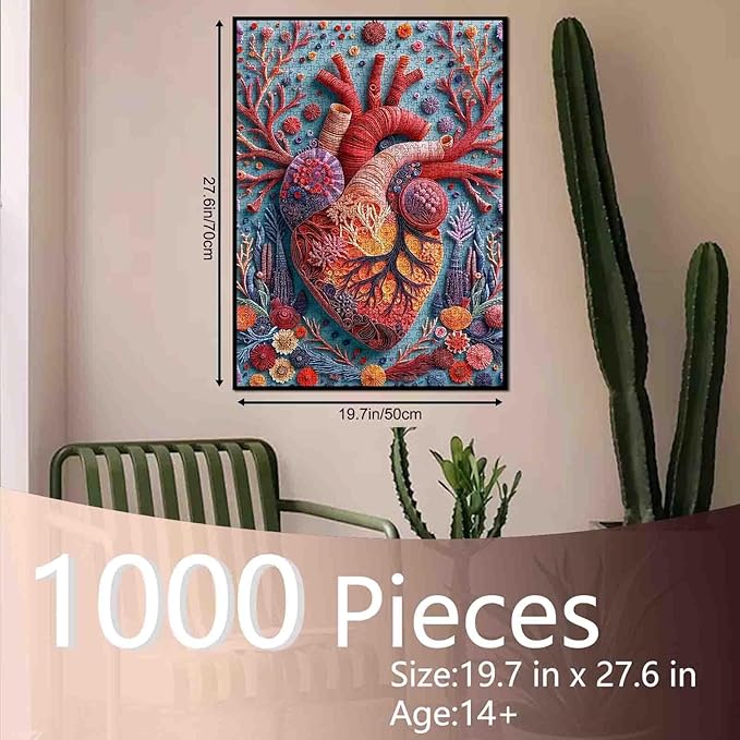 Heart Anatomy 1000 Piece Jigsaw Puzzles for Adult Anatomical Human Heart with Coral Reef Painting Jigsaw Puzzle Body Oragn 1000 Pieces Puzzles Game Wall Decor DIY Craft Puzzle Art Gift(Colorful)