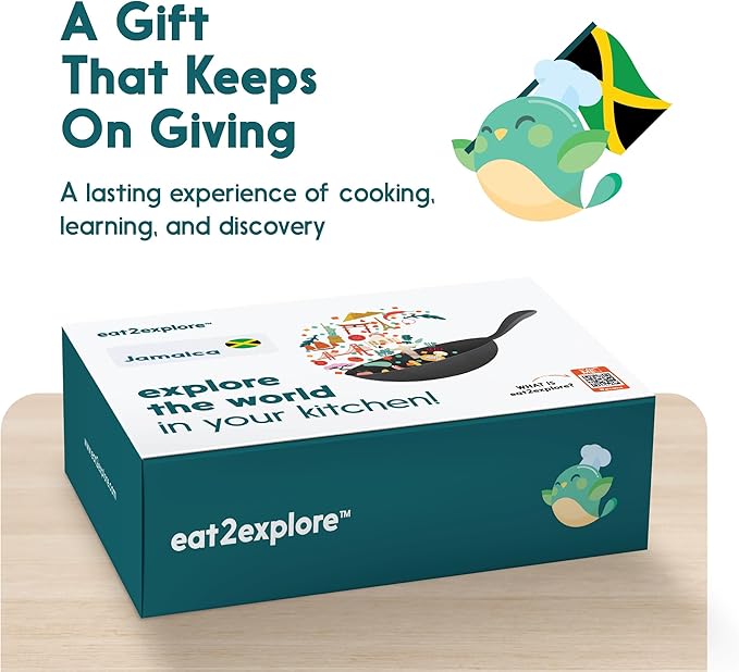 eat2explore Cooking Kits for Kids - Interactive & Educational Set with 3 Recipe Cards, Key Ingredients & Cooking Tools - Ideal Idea for Kids who Love to Create Meals (Jamaica Edition)