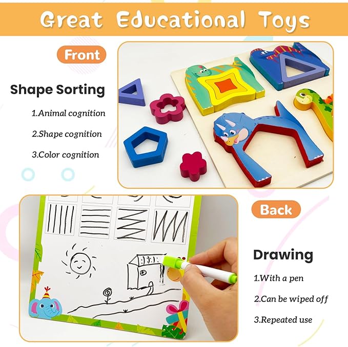 Wooden Montessori Toys for 3 4 Years Old Boys & Girls, Animal Shape Sorter Preschool Learning Toys for Toddlers, Preschool Toddler Puzzles Gift Ideas for Kids (Colored-C)