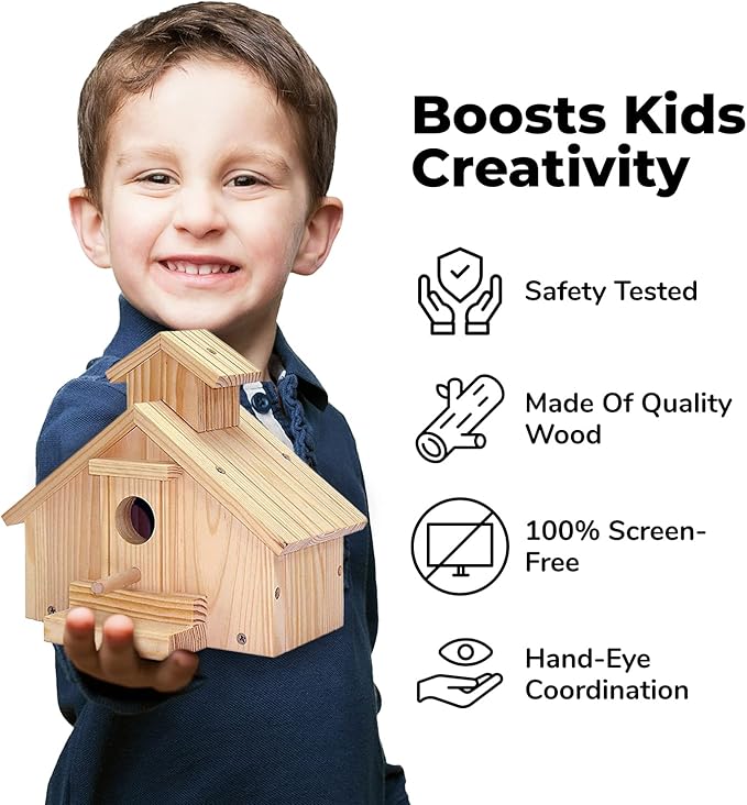 Kraftic Woodworking Building Kit for Kids and Adults, 2 Educational DIY Carpentry Construction Wood Model Kit Toy Projects for Boys and Girls - Build a Wooden Town Hall Birdhouse and Train