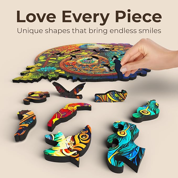 CRAFTHUB Animal Wooden Puzzles for Adults – A3 Peacock Yin Yang with 127 Pieces – Jigsaw Puzzles with Unique Animal Shapes – 10.6" x 10.7"