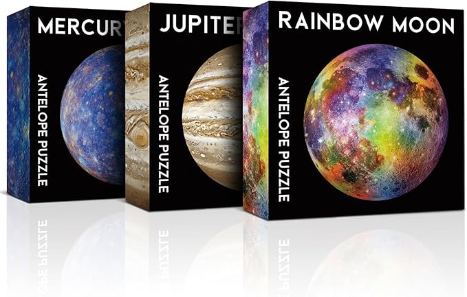 Antelope 3 in 1 Round Puzzle Bundle - Rainbow Moon, Space Jigsaw With Mercury and Jupiter - 1000 Piece Planet Puzzle