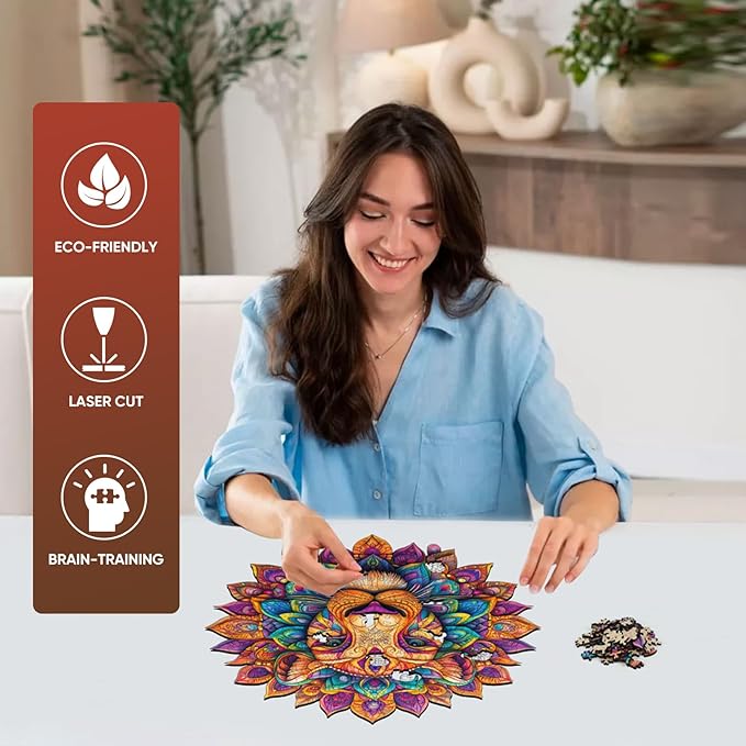 Lion Wooden Puzzles for Adults 200 Pieces,Unique Irregular Shape Mandala Wooden Jigsaw Puzzles for Adults and Kids,Creative Gift,Extra Thick 5MM,11.2x11.1 Inch