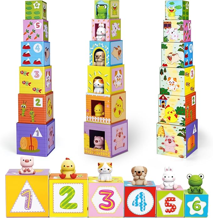 Toddler Farm Animal Sorting and Stacking Toys, Nesting Boxes and Blocks With Finger Puppets - Gifts for 1-3 Year Olds
