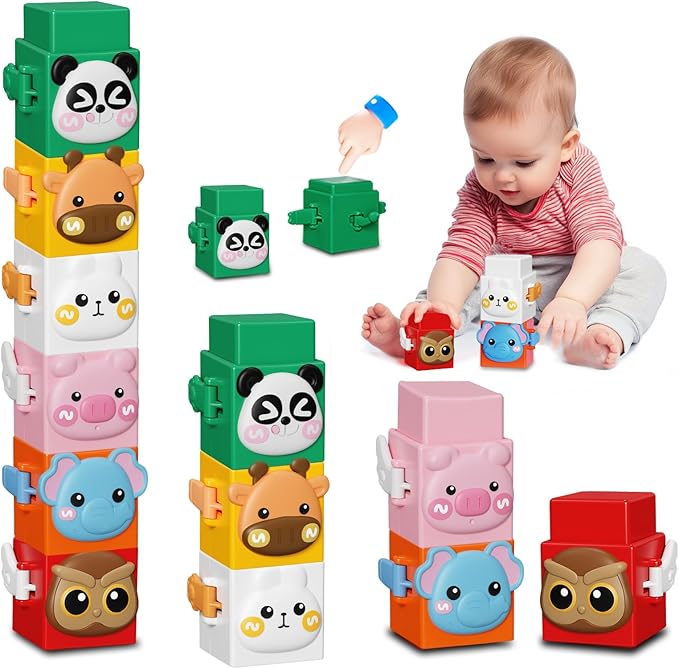 6 PCS Stacking Toys Set for Toddlers 18+ Months 1 2 3 4 Years Old Boys Girls Preschool Sensory Block Toys Pressable Animals Stacking Blocks with Cute Expressions Fun Christmas Birthday Gifts for Kids
